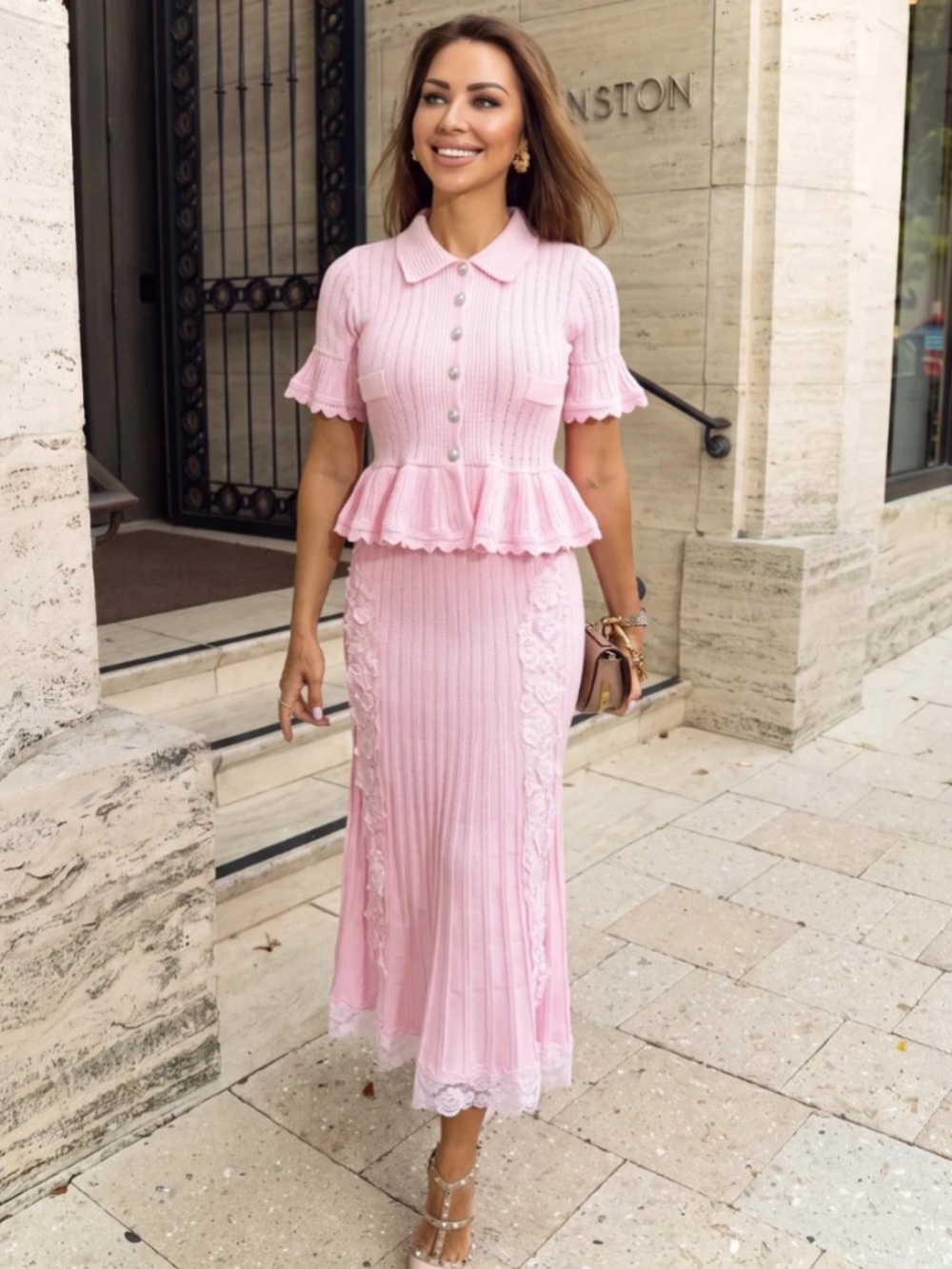 Pink Knit Peplum Top & Lace Maxi Skirt Two Piece Set